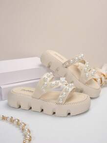 女士新款串珠装饰凉鞋，休闲海滩度假风格厚底舒适鞋，加大码，透气厚底，米色和黑色 - 米色 - 查看 5