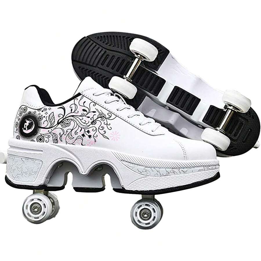 yousulun Deformation Shoes With Retractable Wheels, White Flower Roller Skates, Outdoor/ Indoor Rollerskates For Men And Women, Multi-Functional Shoes For Running& Skating - Hoa màu trắng - Xem 1