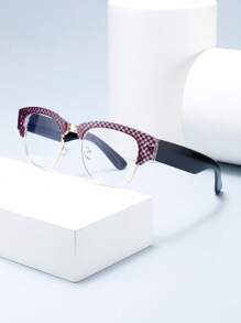 女士新款格纹撞色方形金属眉框时尚厚边无度数眼镜，适合办公室、通勤和拍照