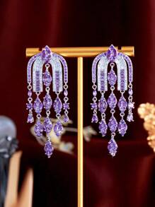 1 Pair Luxury Chandelier Dangle Drop Tassel Purple Cubic Zirconia Pave Long Fringed Wedding Bridal Party Earrings For Women Glamorous Pageant Jewelry Accessories - Purple - View 8