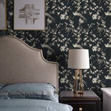 1 卷自粘花卉图案壁纸，复古法式风格即剥即贴乙烯基墙纸，防水，易于搭配，无缝，适用于卧室、客厅、餐厅和家具改造 - 黑與白 - 查看 2