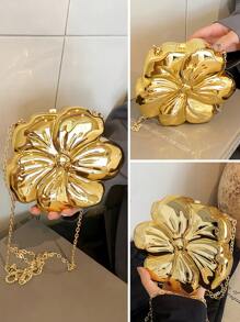 Women's Elegant Mini Flower Shaped Chain Crossbody Bag, Metallic Y2K Style Theme Party Shoulder Bag, Fashionable Novelty Shaped Bags, Versatile Small Mobile Phone Key Coin Purse, Portable Outdoor Travel Vacation Cosmetic Bags, Exquisite Floral Bag For Women