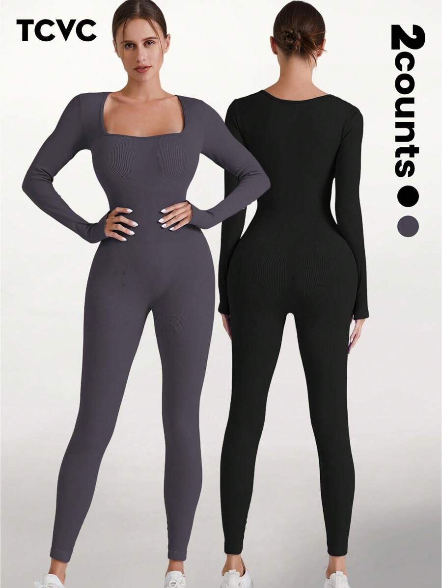 TCVC Women's Seamless Knit Fashion Long Sleeve Jumpsuit, High Elastic Sports Jumpsuit, Skin-Friendly Material, Body-Shaping, Casual & Versatile, Suitable For Autumn/Winter Sports & Yoga - Multicolor - View 1
