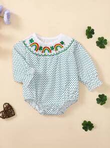 女婴四叶草刺绣绿色圆点连体衣，可爱又有趣，是宝宝的最佳节日礼物 - 綠色 - 查看 3