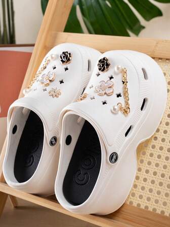 Women's Perforated Shoes With DIY Handmade Sequins And Punk Style Thick Sole Hollow Design, Comfortable Garden Shoes
