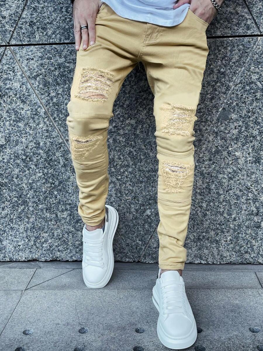 Men's New Ripped Distressed Denim Jeans, Black Stretch Casual Pants - Khaki - View 1