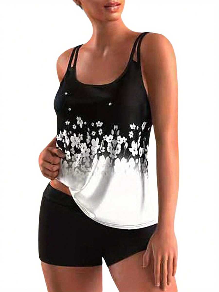 2Pcs Women Summer Swimwear, Floral Strappy Padded Tank Tops + Solid Color Shorts Swimsuit for Girls, 6 Colors - Blanco - Ver 1