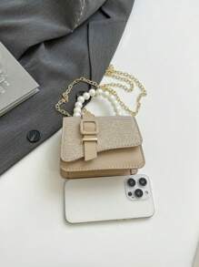 2025 Spring New Fashion Solid Color Shiny Faux Leather Pearl Decor Chain Shoulder Crossbody Square Mini Bag For Girl