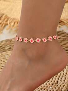 1pc European & American Style Daisy Flower With Pearl Bead Handmade Anklet For Women