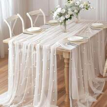 4 Pieces Pearl Table Runner Tulle Fabric Lace Tablecloth For Bridal Shower Birthday Party Wedding Arch Veil Thanksgiving Halloween Christmas Dessert Table Decorations