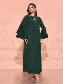 Women's Handmade 3D Floral Elegant Front Placket Beaded Formal Dress,Modest