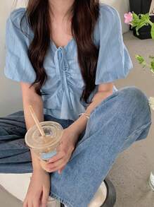 女士纯色简约短袖休闲衬衫上衣 - 藍色 - 查看 1