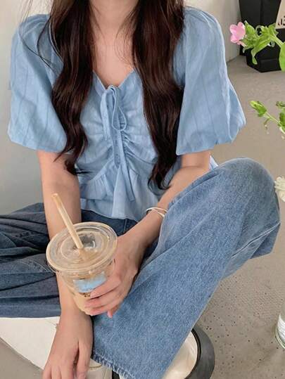 女士纯色简约短袖休闲衬衫上衣