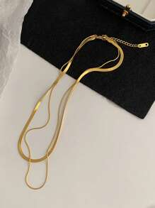 Stainless Steel Waterproof Non-Fading Gold Color Double-Layer Necklace, Round & Flat Snake Bone Chain, Suitable For Women's Daily Wear