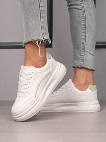 White Platform Sneakers For Women, Fashionable Breathable Flat Lace-Up Casual Mixed Color Shoes, Versatile Work Sneakers - White Green - View 4