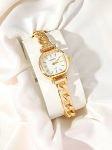 CARYINO 1 件不锈钢表带女士方形手链手表，优雅百搭，精致的粉色珍珠贝母表盘，多功能，适合日常佩戴 - 金色 - 查看 2