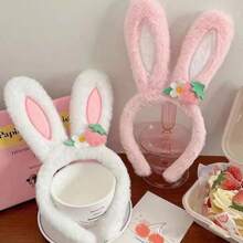 1pc Cute Strawberry Flower Rabbit Ear Headband, Plush Animal Style Decorative Hair Accessories, Party Hair Accessories, Suitable For Women Easter Celebration And Theme Events, Ideal Easter Gift And Daily Wear