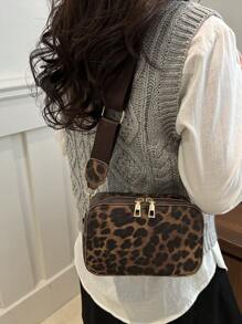 1 件黑色 PU 皮革双拉链豹纹时尚百搭休闲斜挎包，适合女性日常使用 - 咖啡 - 查看 4