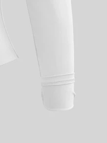 XLLAIS 小圆领长袖修身T恤，弹性双层设计，白色露脐上衣，秋冬服装 - 白色 - 查看 8