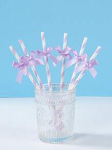 8/16 unidades Pajitas de papel a rayas de color morado claro con lazo de cinta para beber y manualidades, papel de fiesta, pajitas, suministros de vajilla, fiesta de cumpleaños de sirena, boda, aniversario, fiesta de baby shower, fiesta de gender reveal, decoraciones y suministros para fiestas, pajitas de papel desechables para fiestas, artículos para fiestas