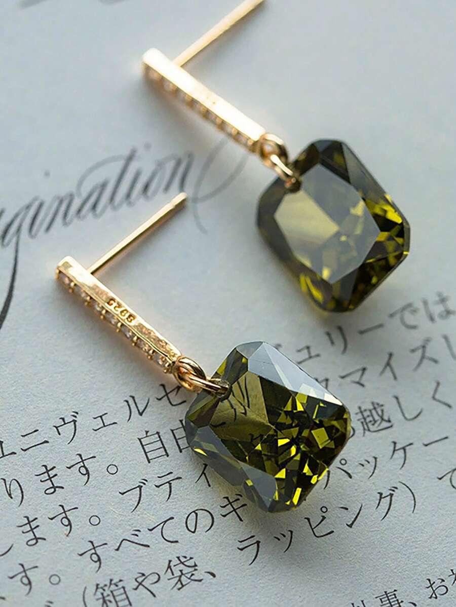 1 Đôi Hoa Tai Thời Trang Màu Xanh Ô Liu, Hoa Tai Đính Đá Bạc Sterling 925 Thích Hợp Cho Phụ Nữ Mặc Hàng Ngày Và Dự Tiệc - Bông tai màu vàng - Xem 1