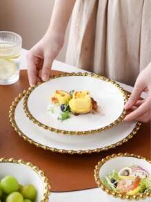 1 pieza Tazón de ensalada/Plato de bistec de cerámica de lujo con perla dorada, adecuado para restaurantes