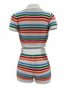 Plus Size Knitted Contrast Striped Hollow Out Sweater Set: Short Sleeve Top And Shorts, 2 Pieces Outfit, Spring/Summer - Multicolor - View 2