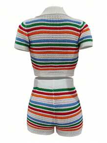Ensemble tricot rayé contrastant à rayures ajourées grande taille : top à manches courtes et shorts, tenue 2 pièces, printemps/été