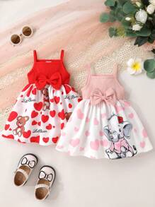 2pcs Set Casual Elegant Sweet Cute Baby Girl Outfit, Soft Comfortable Heart Elephant & Cartoon Bear Print Bow Strap Princess Dress, Baby Girl Dress, Toddler Girl Clothing, Suitable For Daily Use, Vacation, Party, Photo Shoot