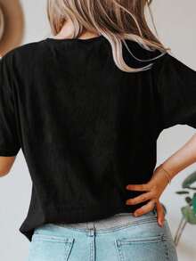 Camiseta de manga corta sólida y versátil informal en talla grande - Negro - Ver 2