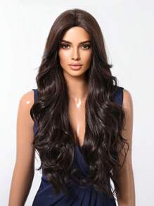 Peluca sintética de cabello natural ondulado con parte media multicapas de 26 pulgadas de longitud, marrón mezclado con reflejos, para mujer - Marrón oscuro - Ver 2