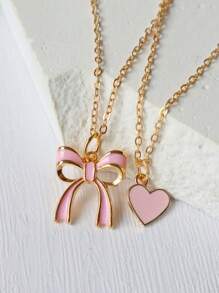 1/2pcs Heart & Bow Tie Necklace Set: Pink Heart Necklace & Cute Bow Tie Style Necklace, Best Friend Gift Valentines