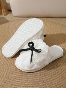 女士可爱蕾丝蝴蝶结拖鞋,舒适轻便室内保暖毛绒便鞋,秋冬 - 黑色 - 查看 6