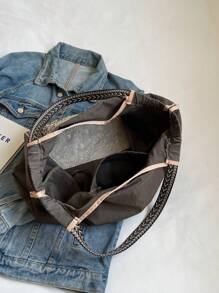 女士时尚手提包手提包，大容量防水帆布刺绣设计单肩包，个性化图案便携式手提包 - 灰色 - 查看 8