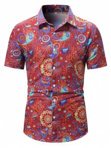 Men's Spring/Summer Geometric Print Short Sleeve Casual Shirt - Red - View 1