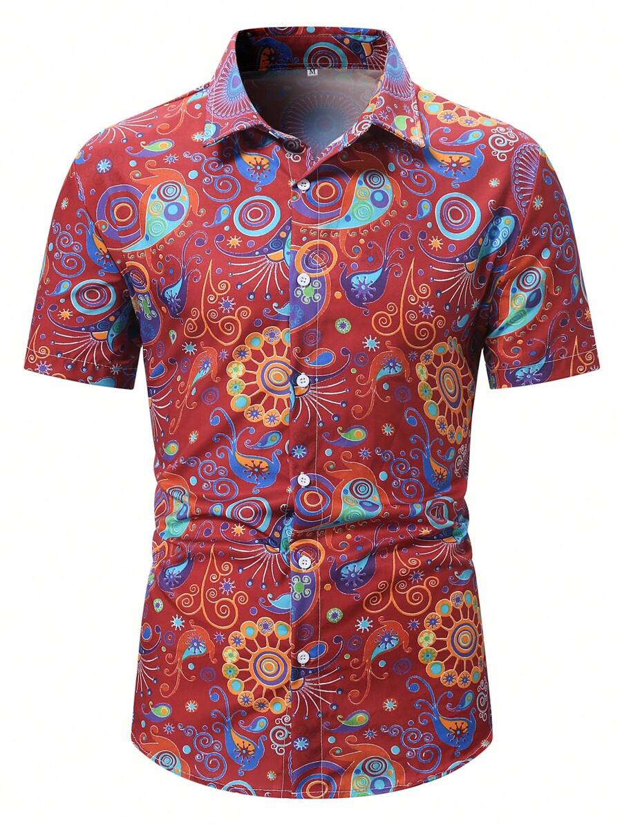 Men's Spring/Summer Geometric Print Short Sleeve Casual Shirt - Red - View 1