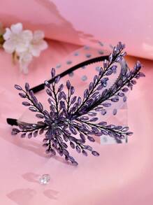 1 Piece Of Women's Fashionable Elegant Purple Crystal Wide Brimmed Headband With Elegant And Unique Leaf Design Beaded Mesh Hair Accessory, Light And Luxurious Wedding Banquet, Holiday Party, Birthday Bridesmaid Gift, Daily Leisure Commuting Accessories.