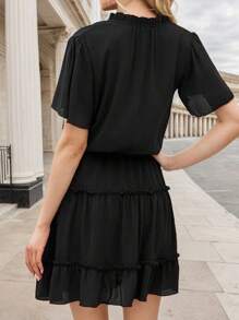 Woman Casual Summer Ruffle Design Mini Light Dress - 黑色 - 查看 2