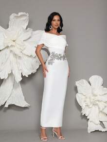Nouvelle robe longue bandage style épaules dénudées faite main avec perles, robe de soirée moulante fendue style célébrité sexy pour fête, robe invitée de mariage, robe de cérémonie - Blanc - Voir 4