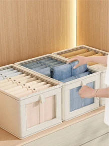 1 Pieza Caja de almacenamiento de tela de lino beige con cremallera y tapa, mantiene su hogar limpio y ordenado, caja de almacenamiento de tela portátil, contenedor de almacenamiento a prueba de humedad para ropa interior, caja de almacenamiento plegable para el armario, adecuada para ropa, pantalones, calcetines, ropa interior, perfecta para uso doméstico, bolsa para la escuela, accesorios escolares, artículos escolares