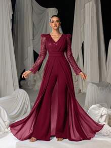 Faeriesty 惊艳长袖晚装连身裤，配雪纺覆层和闪亮亮片 - 优雅飘逸的轮廓，适合豪华宴会、红毯盛会、婚礼和正式晚会