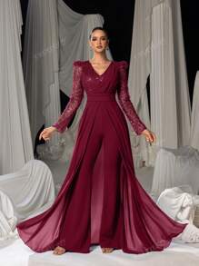 Faeriesty Stunning Long-Sleeve Evening Jumpsuit With Chiffon Overlay & Shimmering Sequin - Elegant Flowing Silhouette For Luxury Banquets, Red Carpet Galas, Weddings & Formal Evening Events