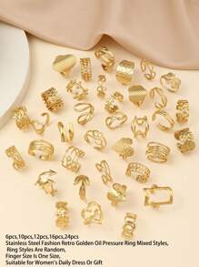 24件不锈钢时尚复古金色油压戒指混合款式，戒指款式随机，手指尺寸均为均码，适合女性日常装扮或送礼 - 金黃色 - 查看 3