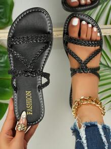 Sandalias con tiras tejidas de verano, pantuflas de playa de moda