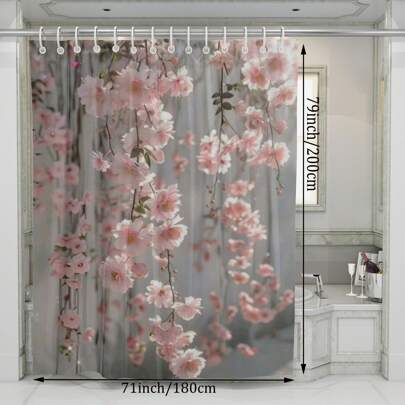 1pc Floral Print Polyester Shower Curtain, Waterproof Digital Print With Hooks, Washable Woven Fabric, Artistic Design, No Drill Installation, Decorative Bathroom Divider - Pink Flower Home Bathroom Decor Fall Decor Bathroom Accessories Back To School