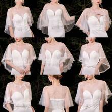 时尚蕾丝新娘婚纱披肩柔软派对夹克披肩仿珍珠斗篷连衣裙装饰透明宝石领女士连衣裙秋季女士服装 - 白色 - 查看 5