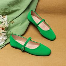 女士绿色平底方头玛丽珍鞋，法式春季款 - 綠色 - 查看 3