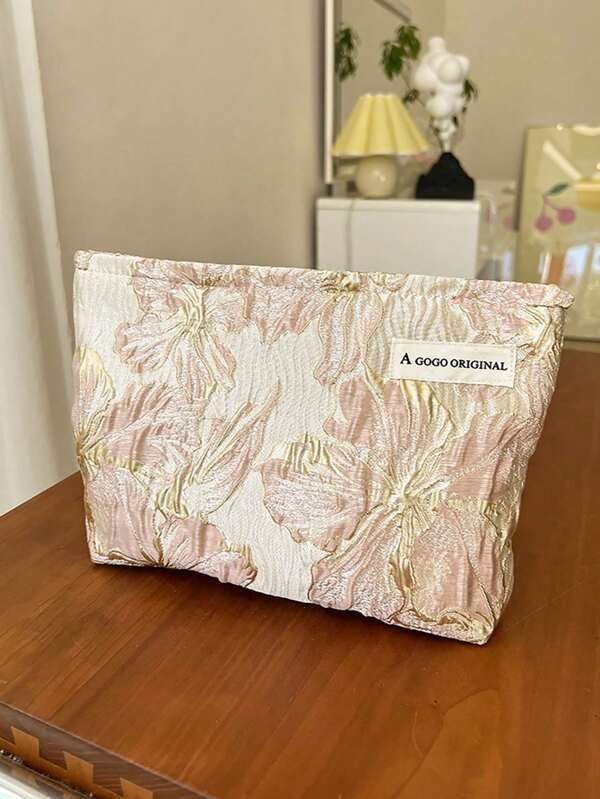 1-delige make-uptas, clutch, cosmetische tas, toilettas, make-uptasje, jacquardstof, bloementextuur, retrostijl, elegant, grote capaciteit, lichtgewicht en draagbaar, dating voor onderweg, cadeaukeuze, voor terug naar school, elke gelegenheid, mode voor vrouwen