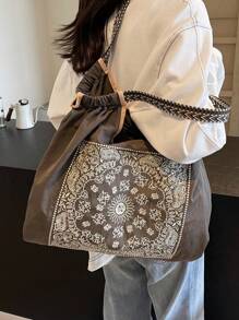 女士时尚手提包手提包，大容量防水帆布刺绣设计单肩包，个性化图案便携式手提包 - 灰色 - 查看 3