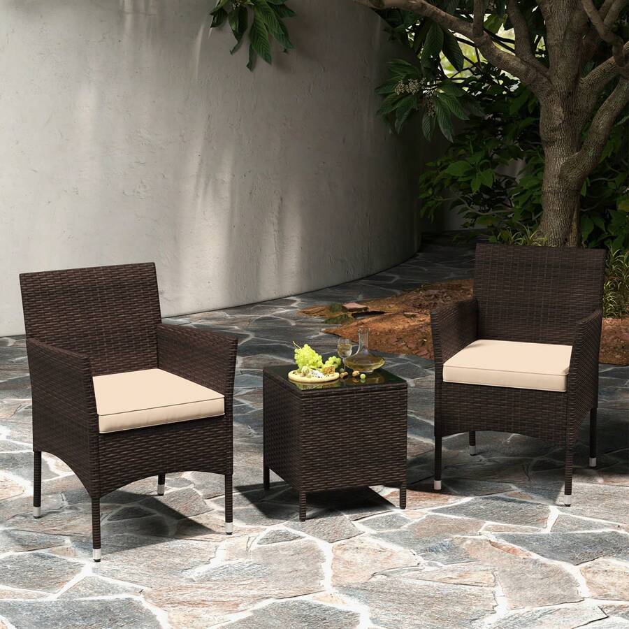 GOFLAME 3 Pieces Patio Furniture Set Outdoor PE Rattan Wicker Chairs - Brown - View 1